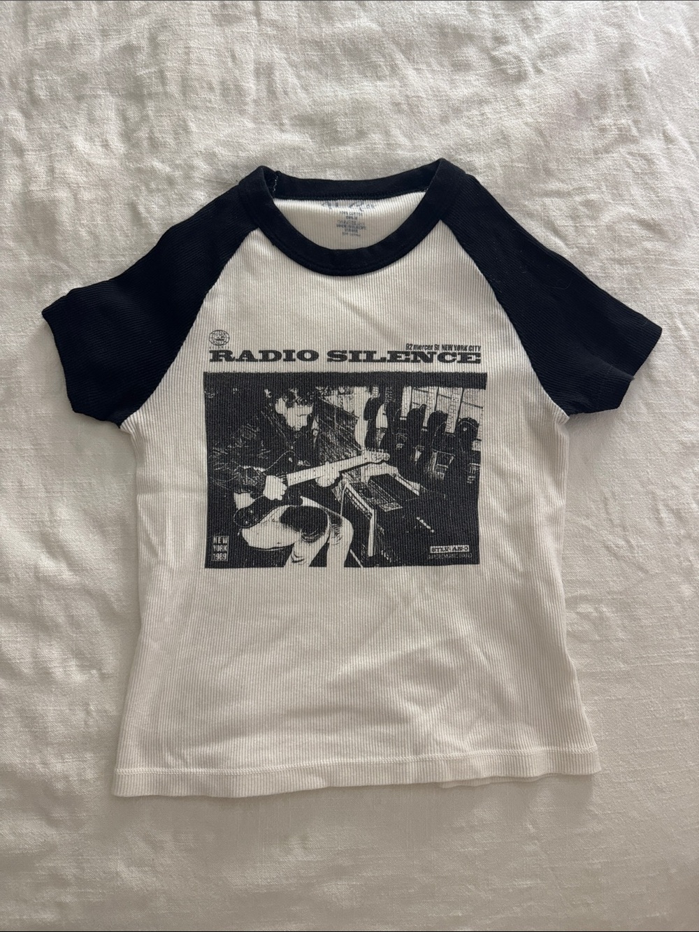 Brandy Melville Black & White 'Radio Silence' Graphic Raglan Tee